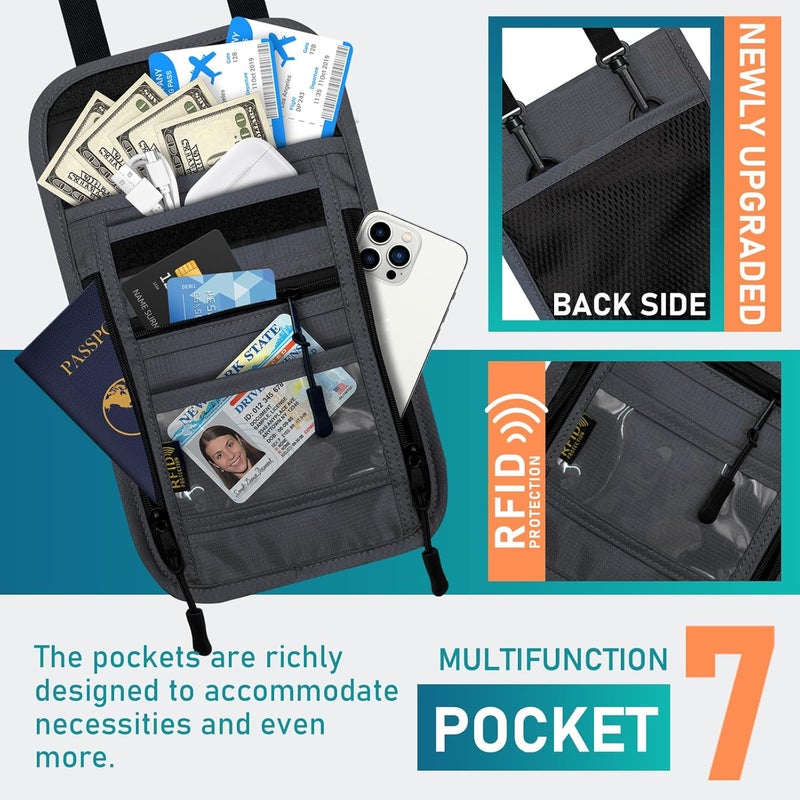 Sundee Travel Neck Wallet with Double Zippers, RFID Blocking Passport Holder with Adjustable Neck Strap to Keep Cash, Credit Cards and Travel Documents Safe - Dark Gray - Image 2